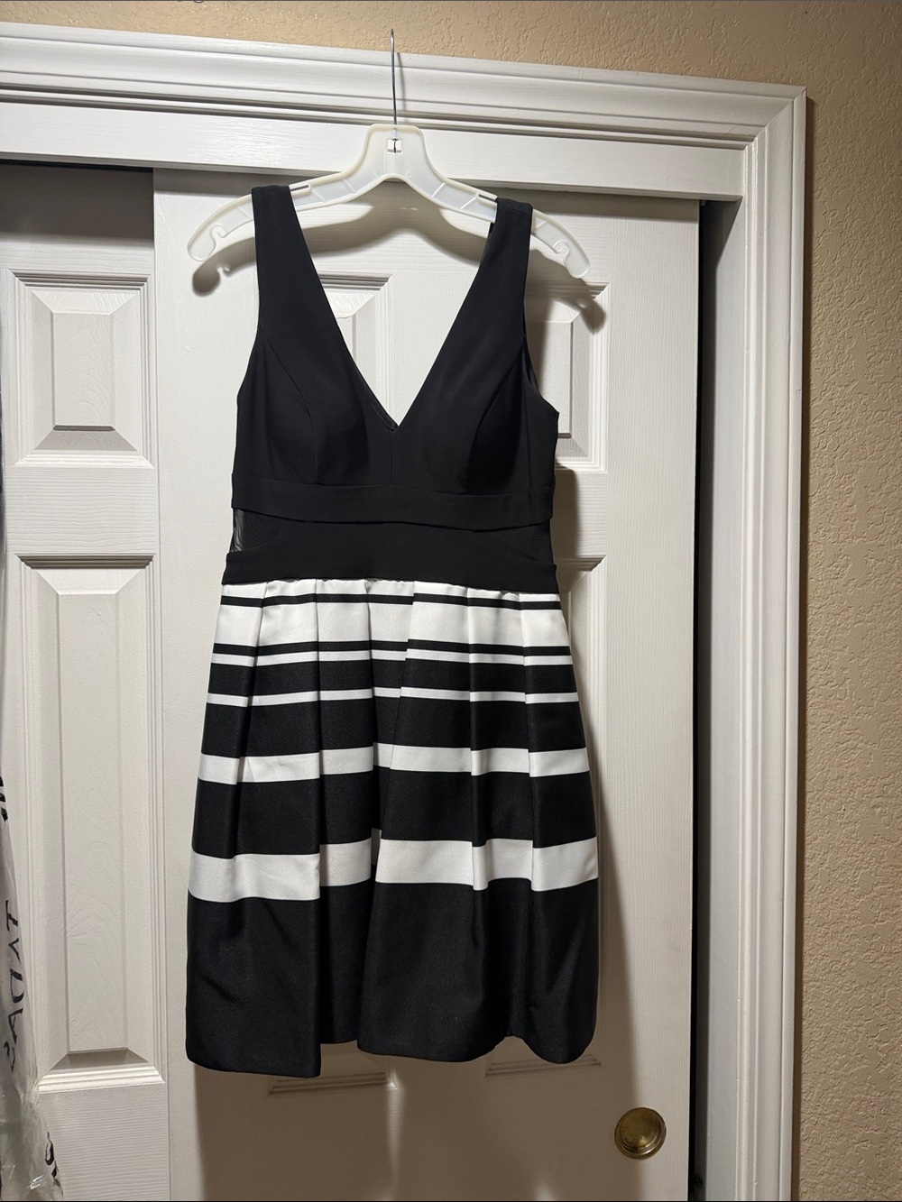 Xscape Black and White Striped V-Neck Fit-and-Flare Dress
